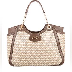 Salvatore Ferragamo Woven Leather Handbag 
Tabac / Tan/ Light Grey Color